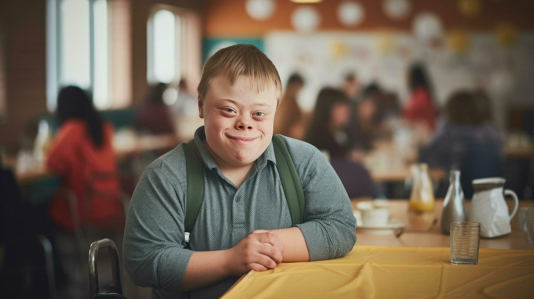 Happy young man with Down syndrome and his mentor friend celebrate success photo