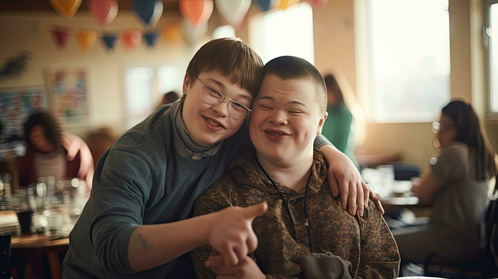 Happy young man with Down syndrome and his mentor friend celebrate success photo