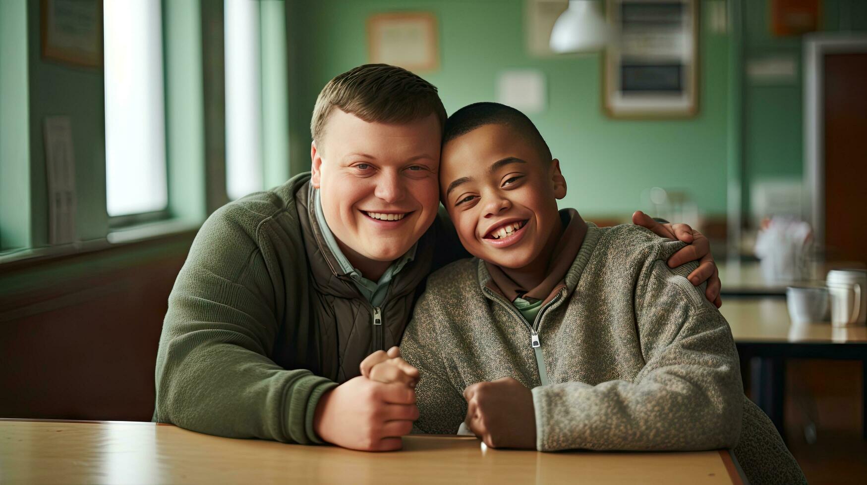 Happy young man with Down syndrome and his mentor friend celebrate success photo