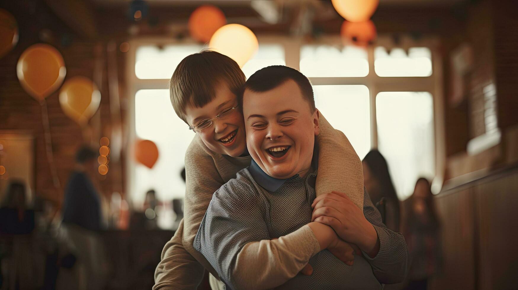 Happy young man with Down syndrome and his mentor friend celebrate success photo