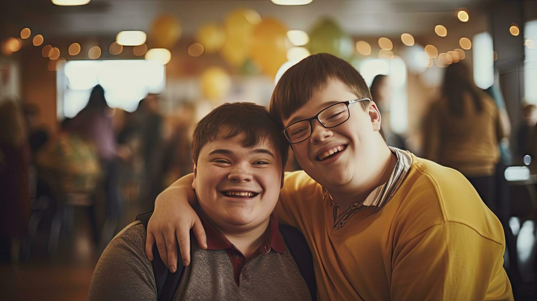 Happy young man with Down syndrome and his mentor friend celebrate success photo