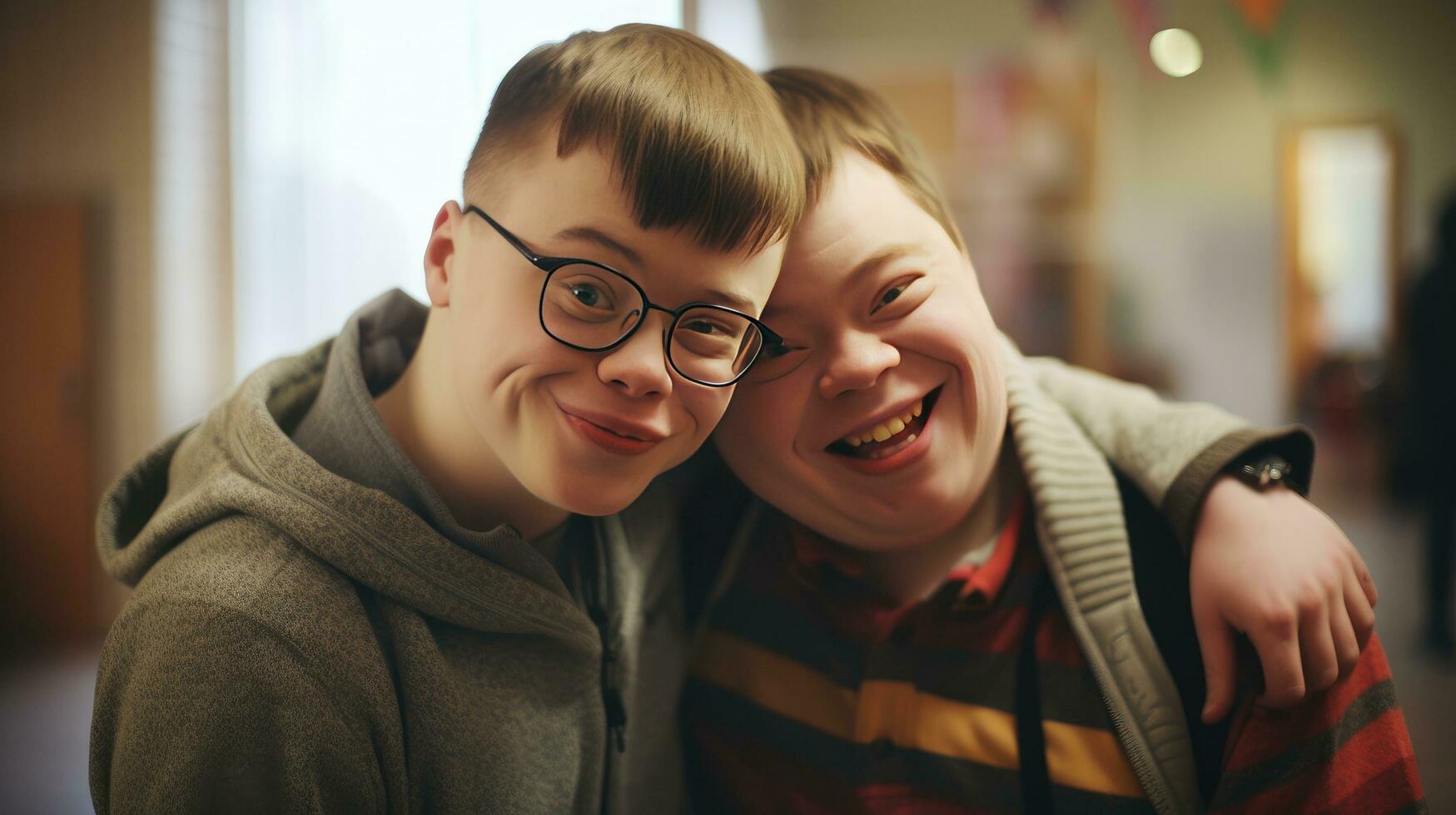 Happy young man with Down syndrome and his mentor friend celebrate success photo