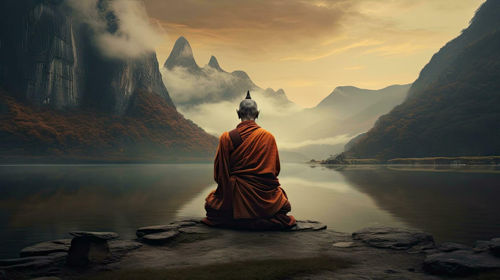 monks in meditation Tibetan monk from behind sitting on a rock near the water among misty mountains photo