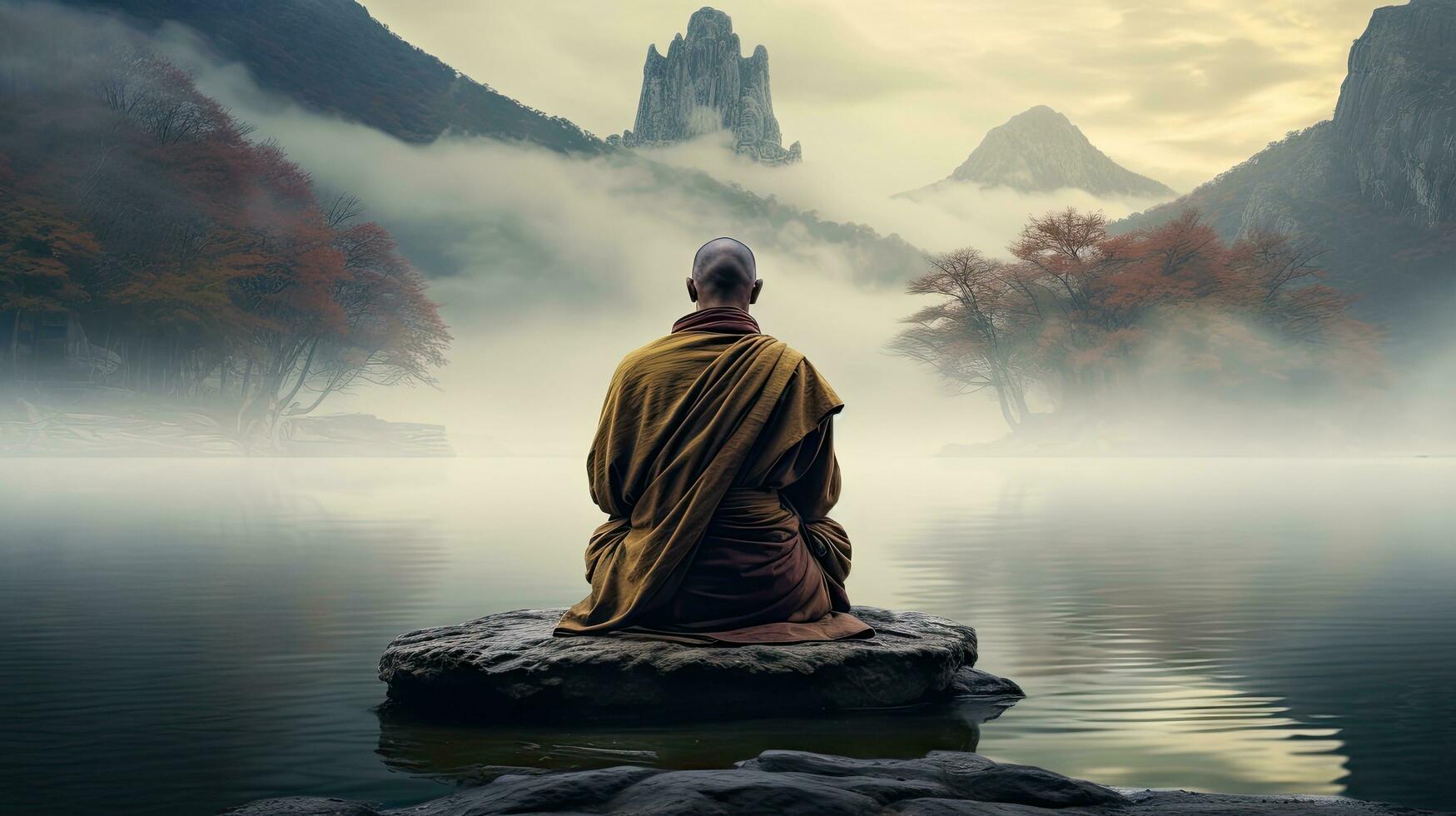 monks in meditation Tibetan monk from behind sitting on a rock near the water among misty mountains photo