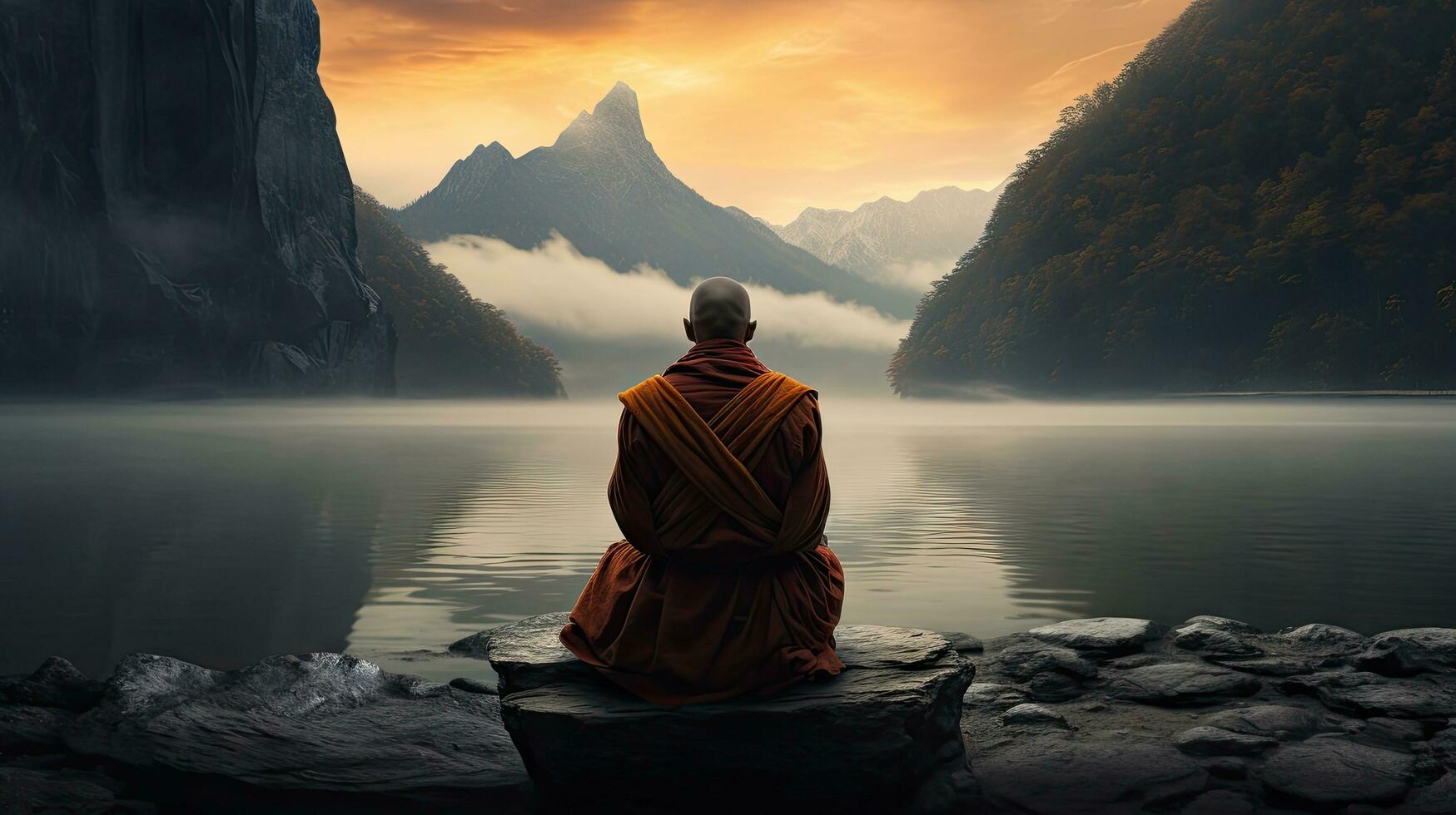 monks in meditation Tibetan monk from behind sitting on a rock near the water among misty mountains photo