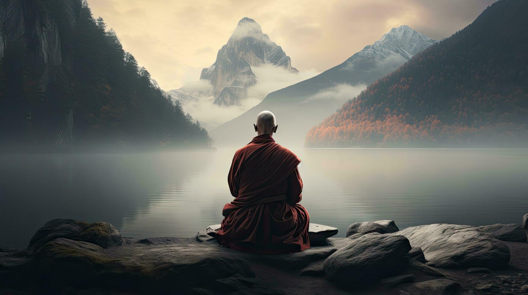monks in meditation Tibetan monk from behind sitting on a rock near the water among misty mountains photo
