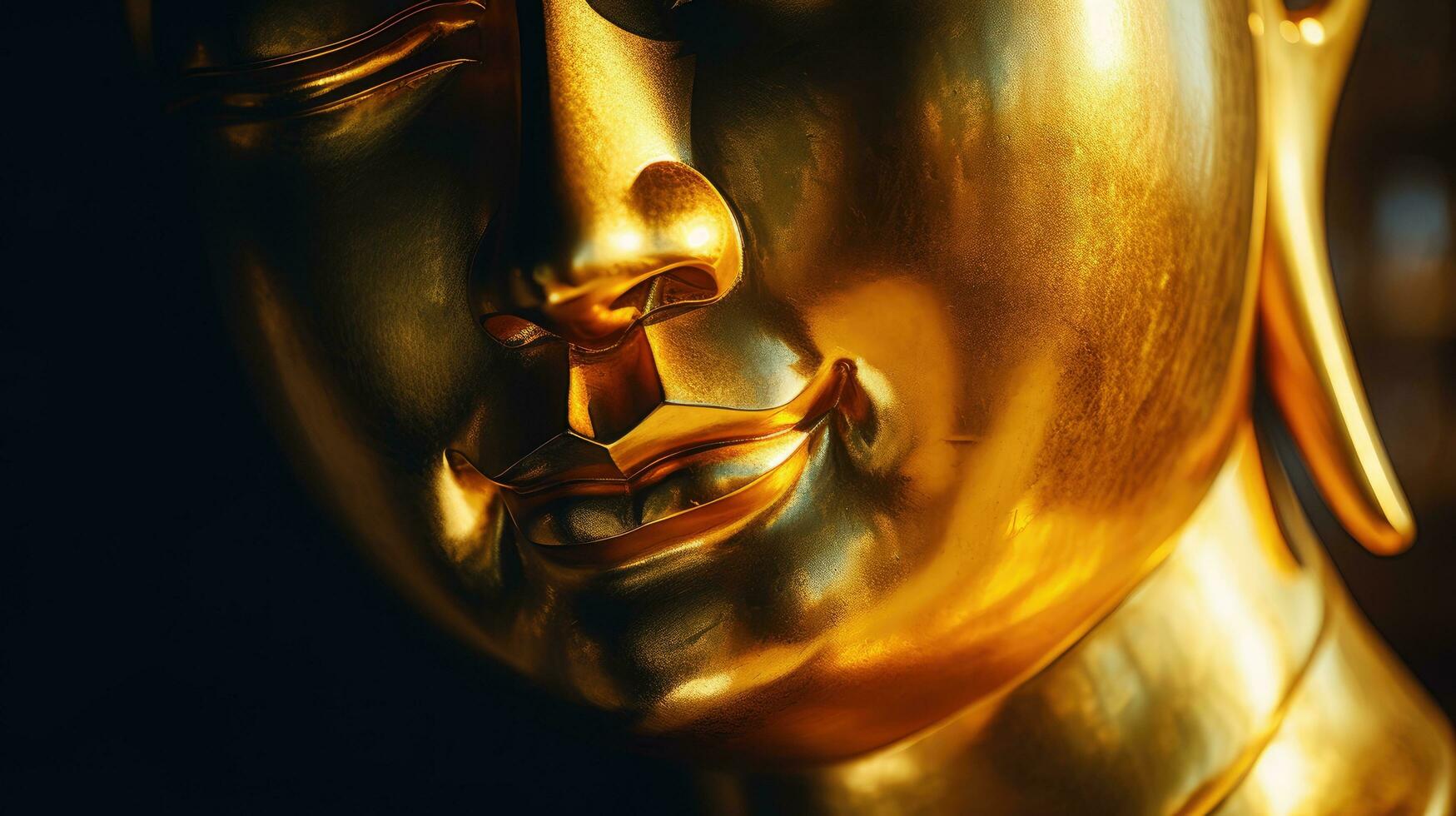 Image of a golden-headed smiling sleeping Buddha face on a black background. photo