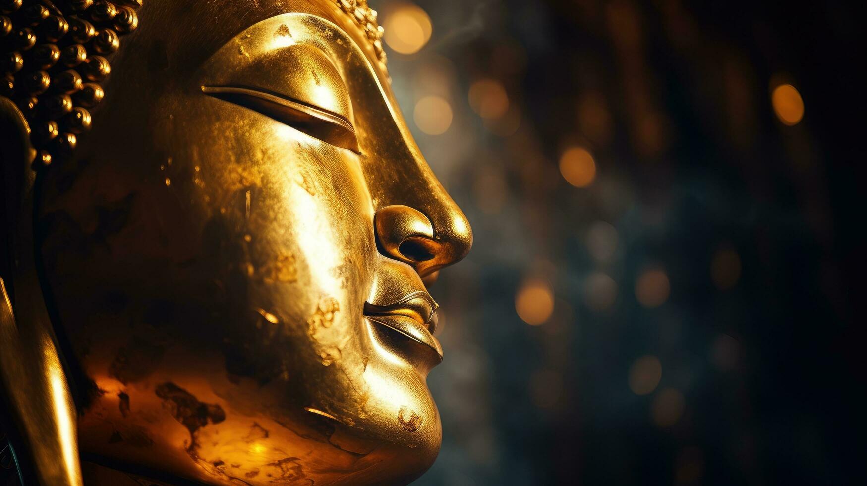 Image of a golden-headed smiling sleeping Buddha face on a black background. photo