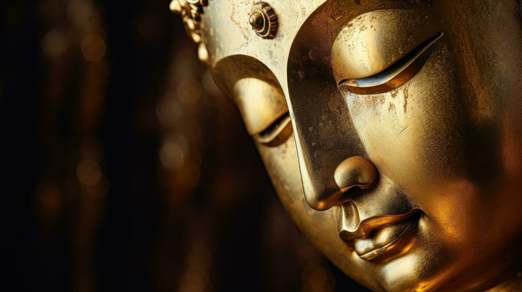imagen de un de cabeza dorada sonriente dormido Buda cara en un negro antecedentes. foto