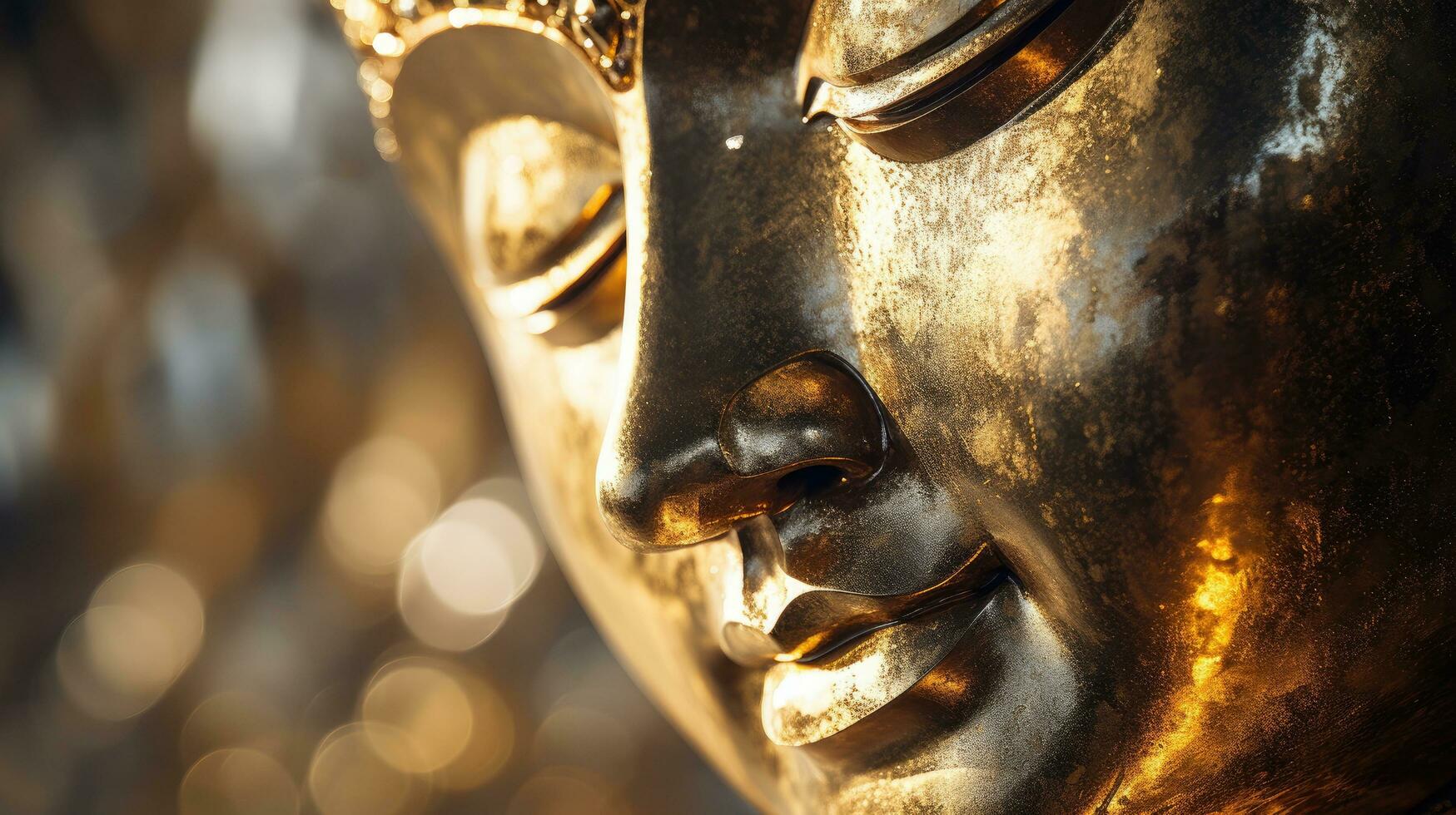 Image of a golden-headed smiling sleeping Buddha face on a black background. photo