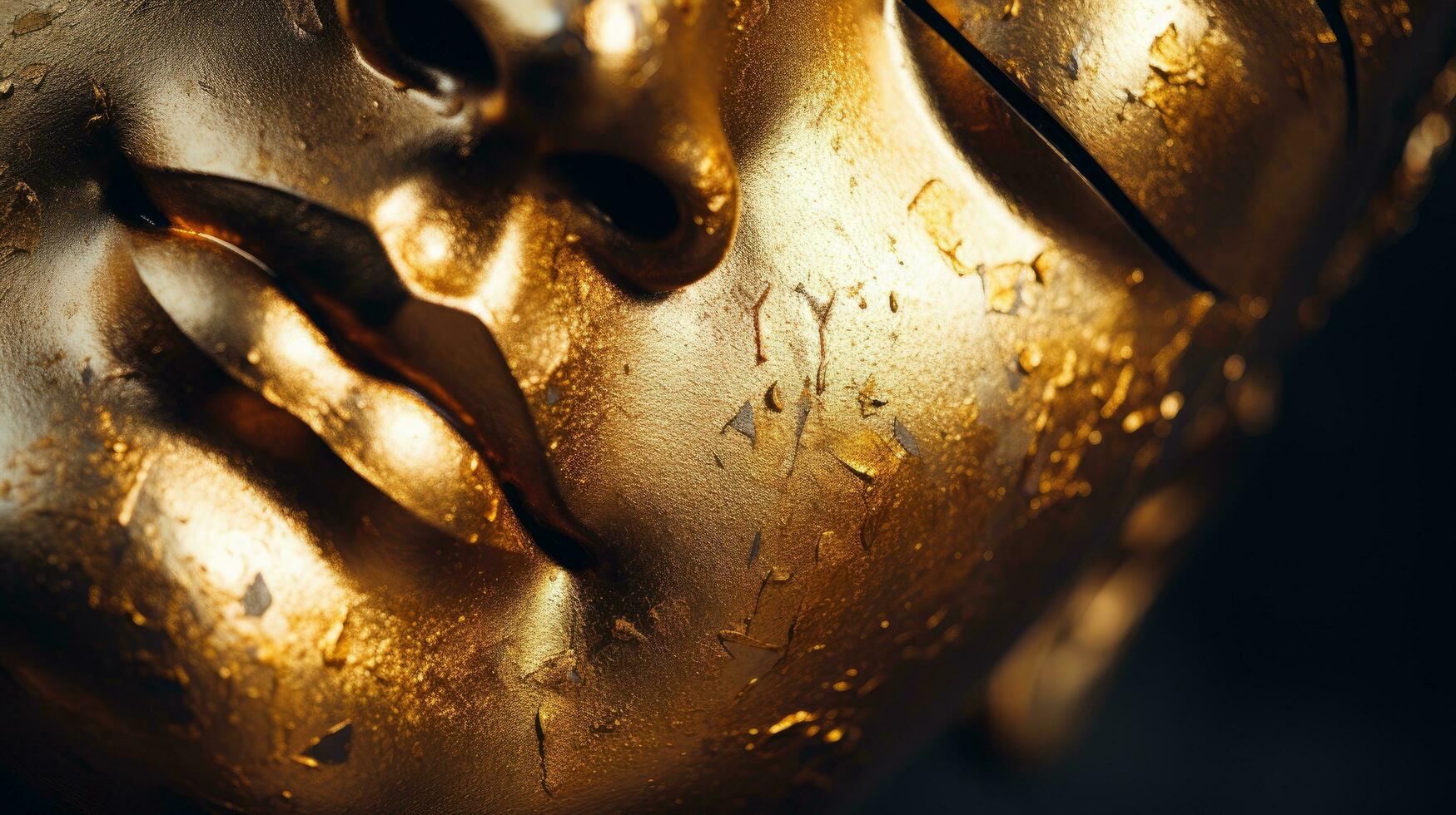 Image of a golden-headed smiling sleeping Buddha face on a black background. photo