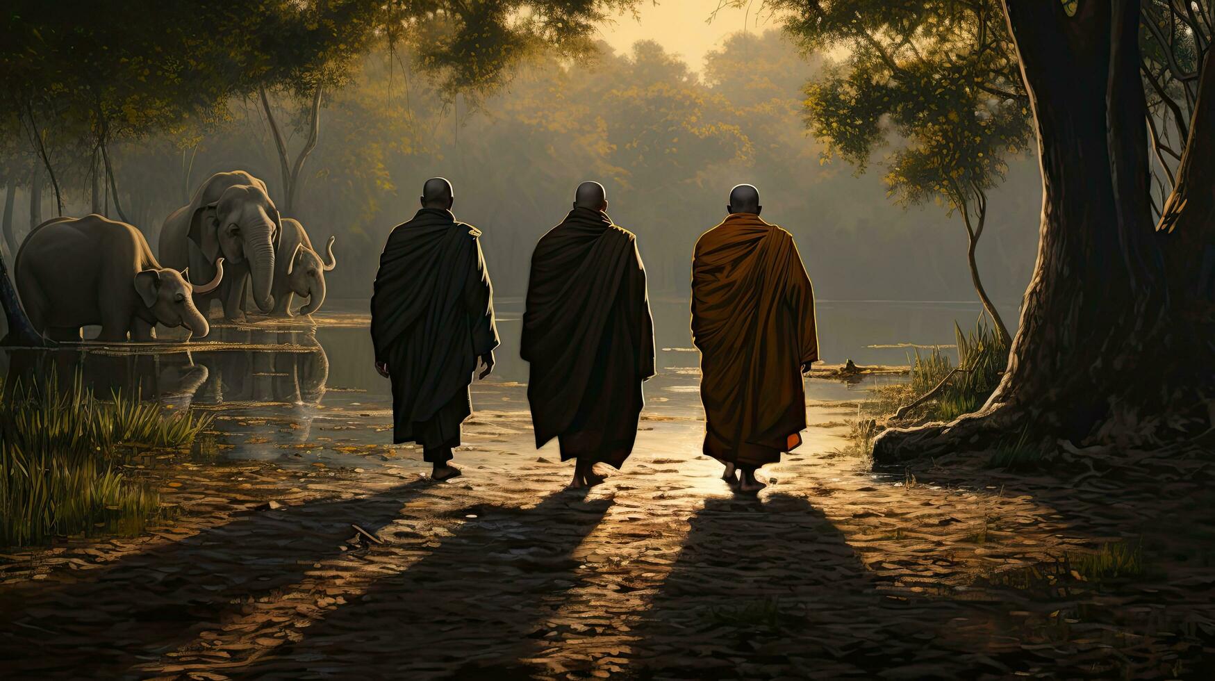 3 monks trekking in a wilderness, river, with an elephant following behind them photo