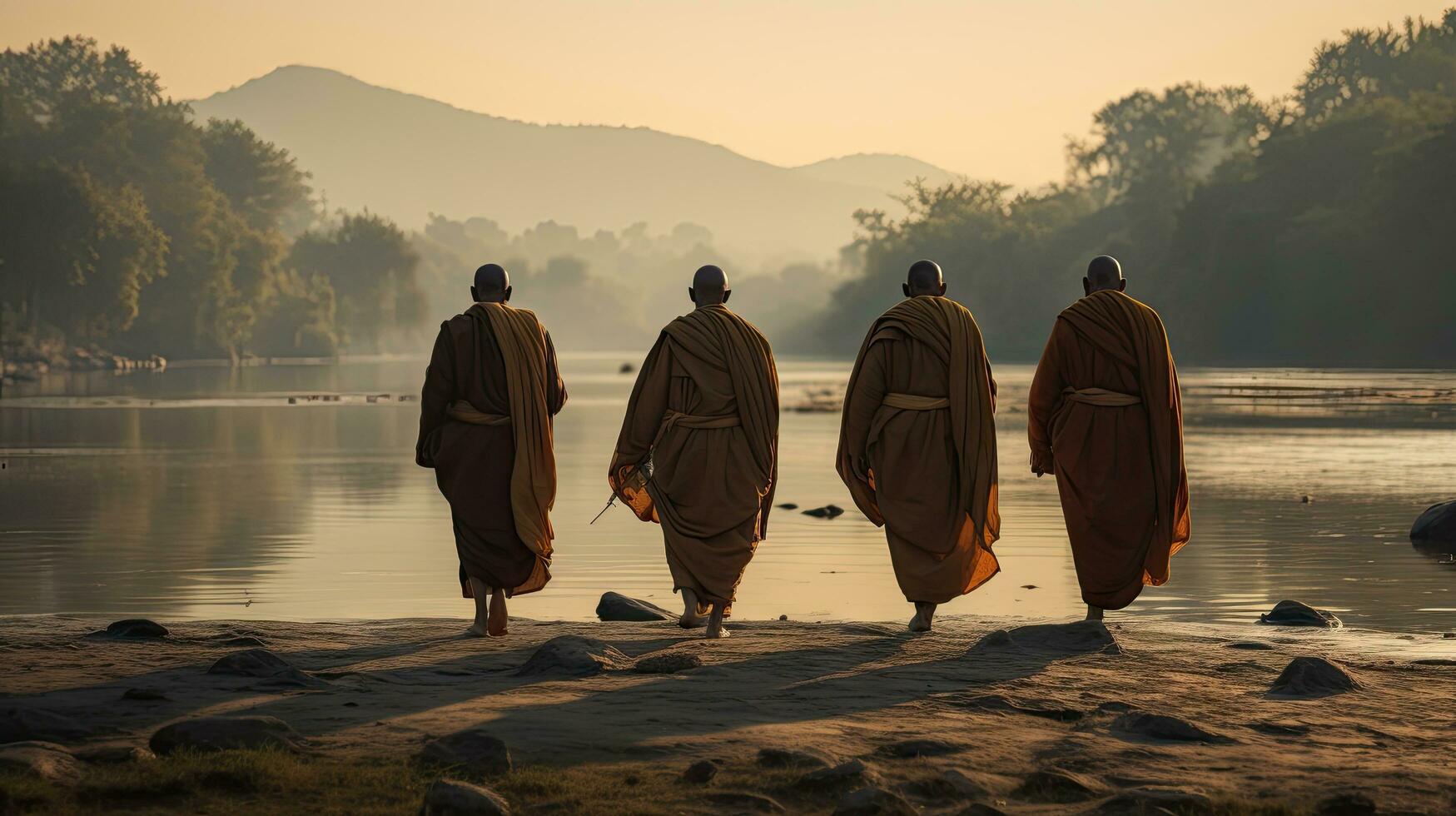 3 monks trekking in a wilderness, river, with an elephant following behind them photo