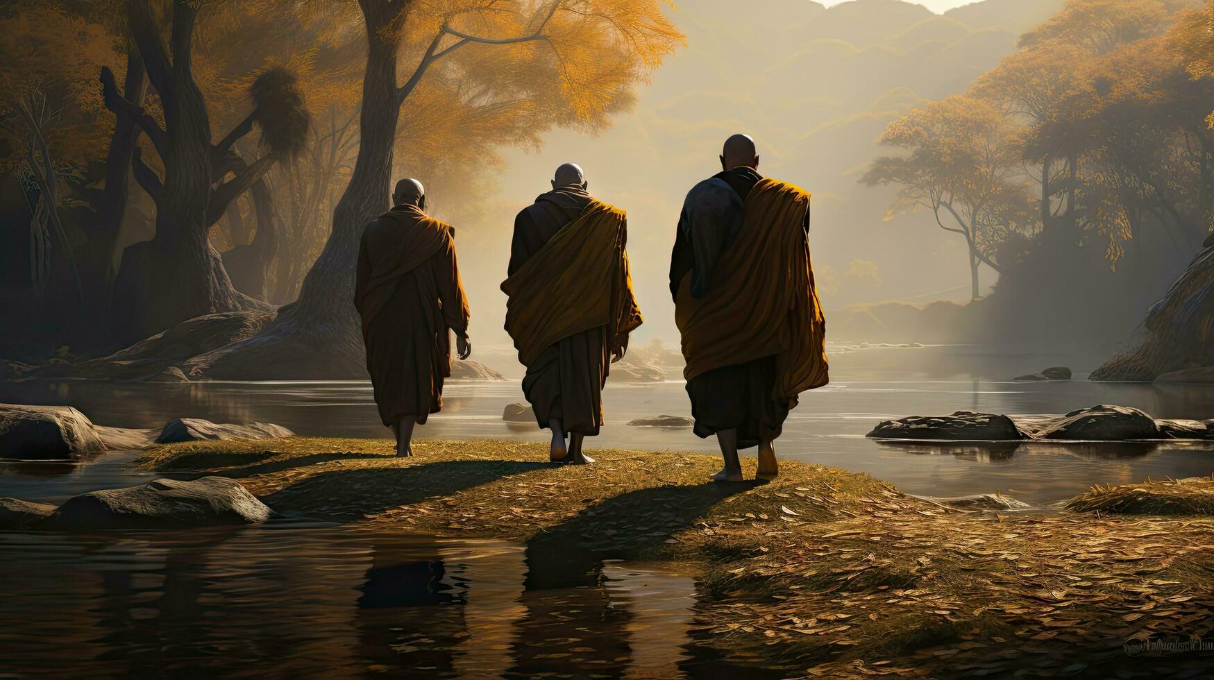 3 monks trekking in a wilderness, river, with an elephant following behind them photo