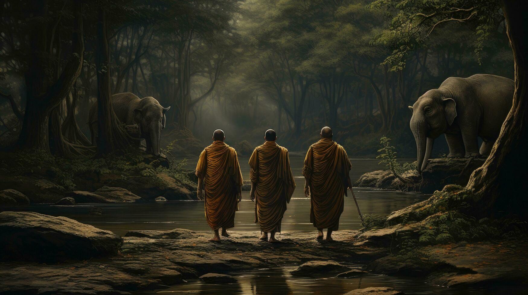 3 monks trekking in a wilderness, river, with an elephant following behind them photo