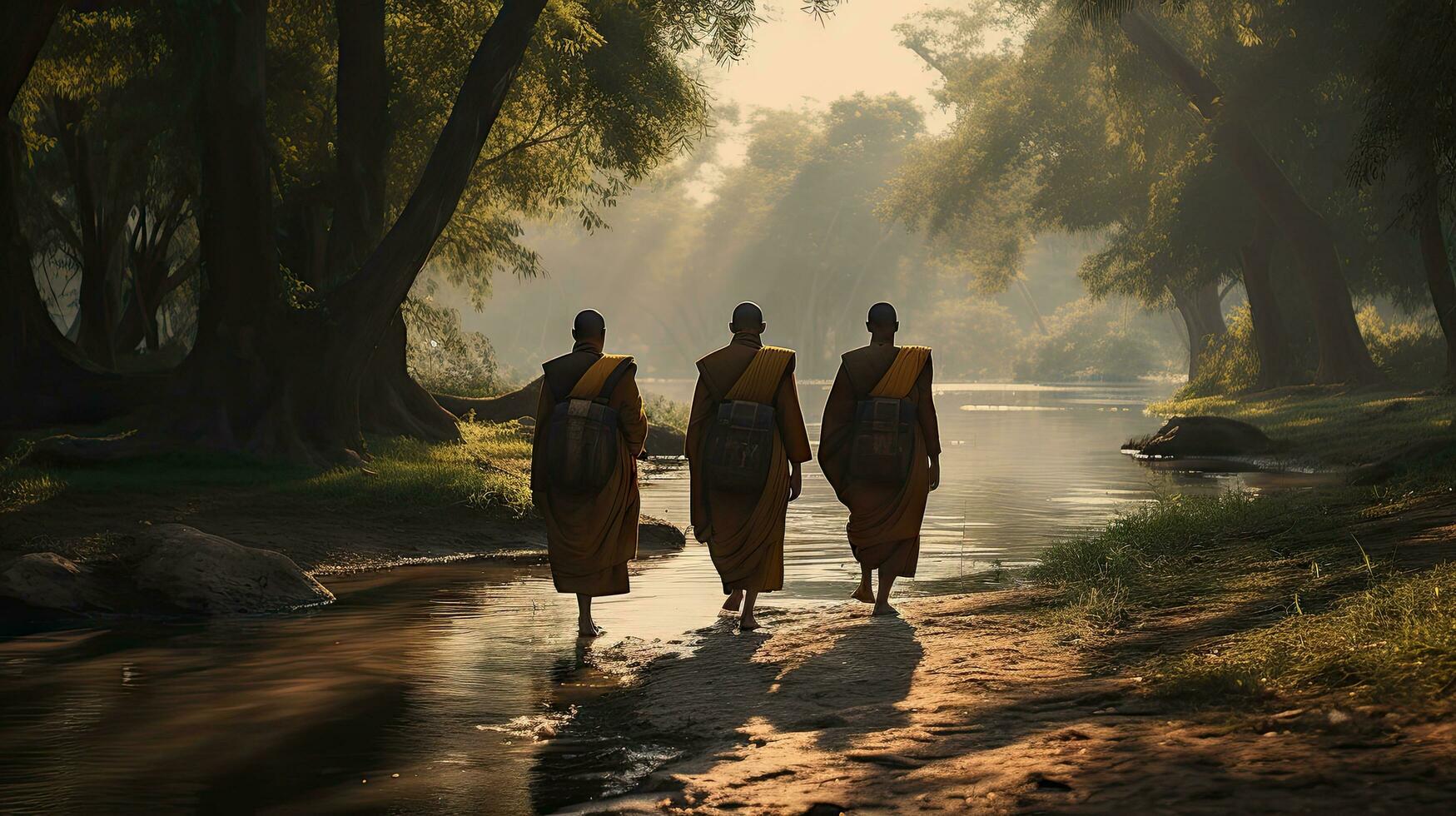 3 monks trekking in a wilderness, river, with an elephant following behind them photo
