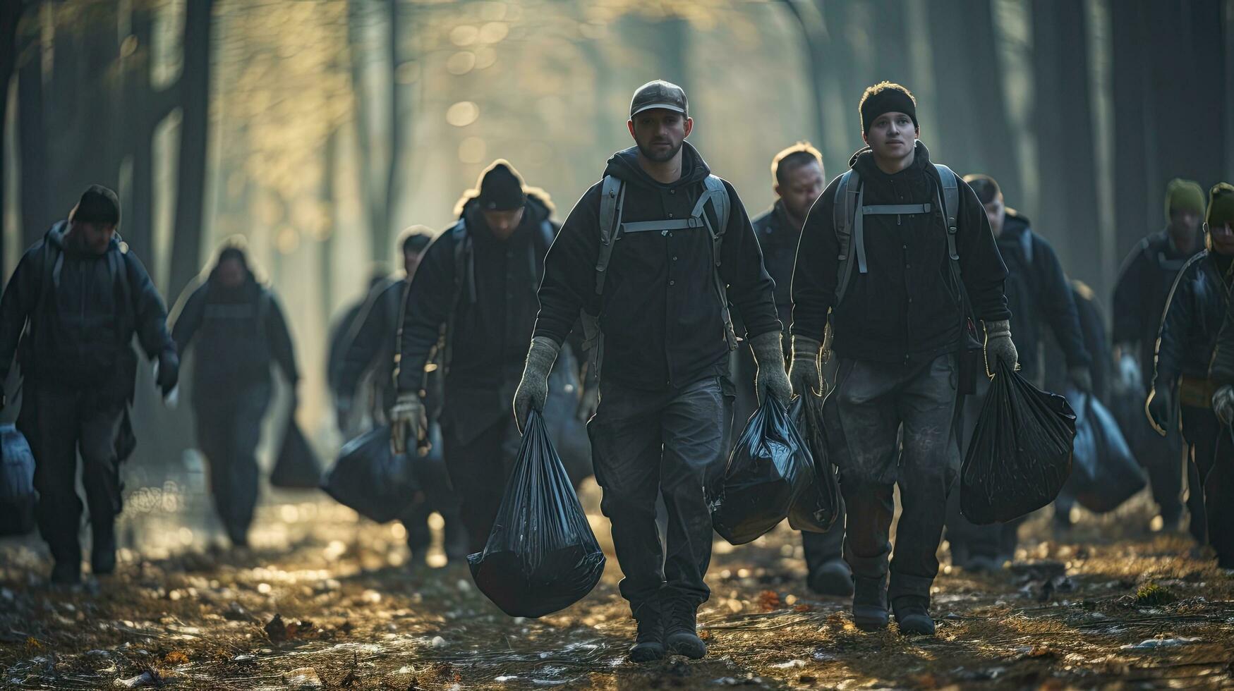 Volunteer team with garbage bags cleaning the park, pigs, volunteer team loves the environment photo