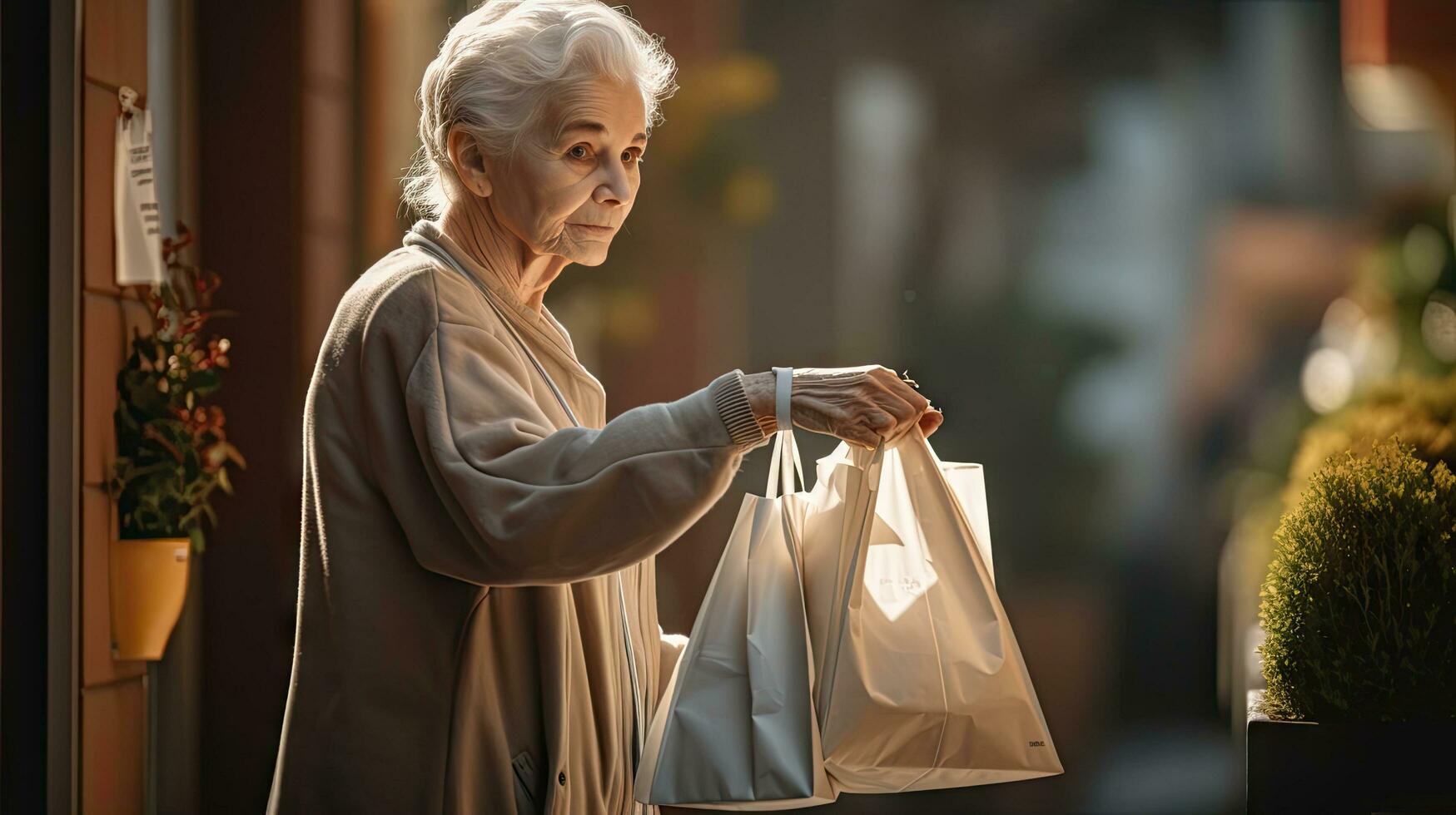 Elderly woman holding plastic bag looking at camera, Elderly woman wearing mask collecting recyclable trash photo