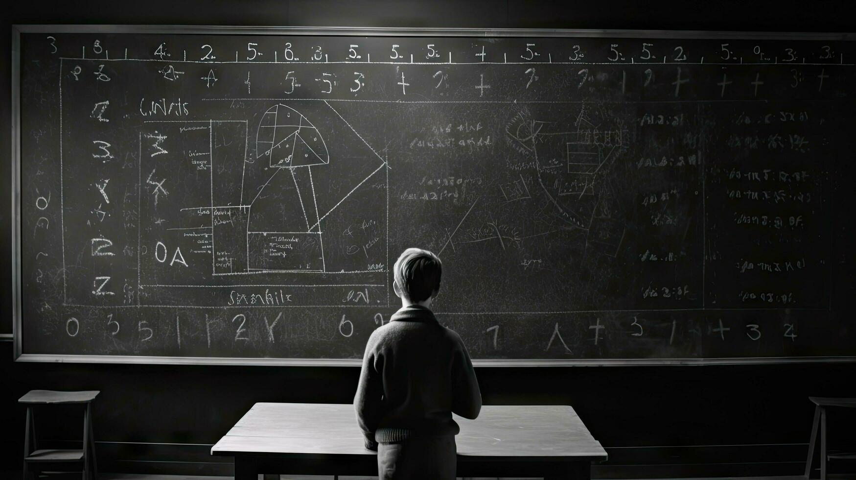 School children write math formulas on the blackboard. Asian primary school students are solving geometric problems on the blackboard photo