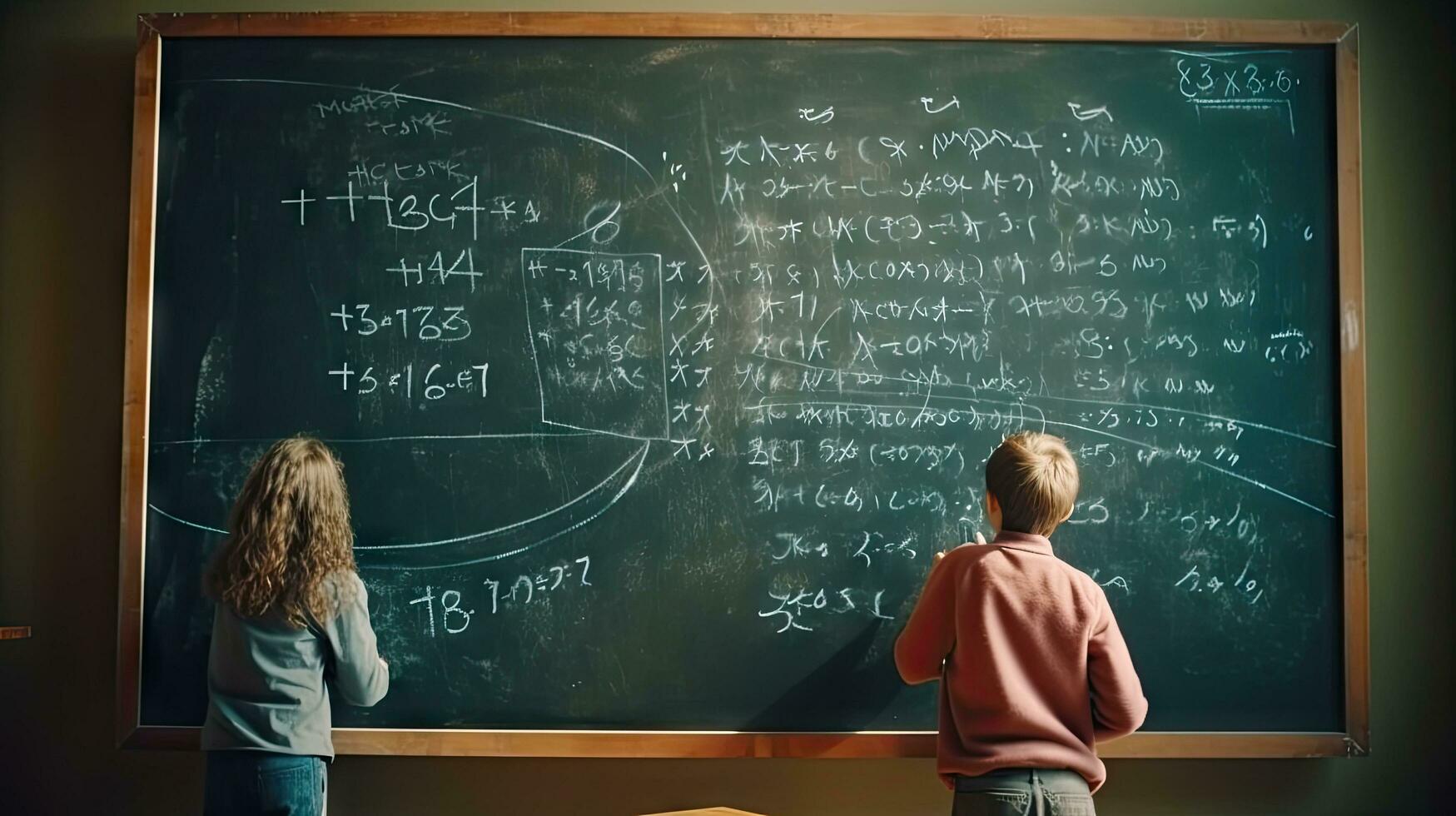 School children write math formulas on the blackboard. Asian primary school students are solving geometric problems on the blackboard photo