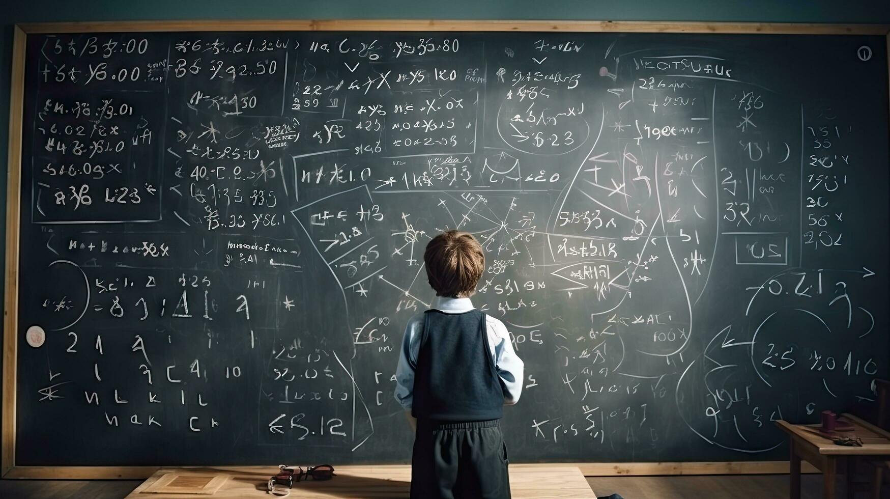 School children write math formulas on the blackboard. Asian primary school students are solving geometric problems on the blackboard photo