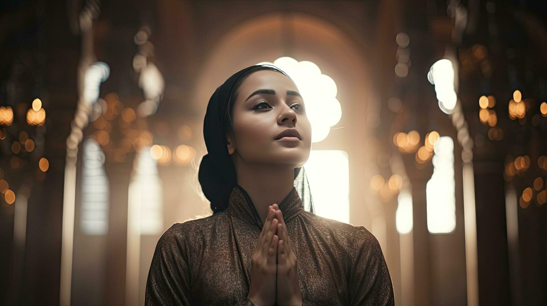 young muslim woman praying ,Young muslim woman praying in mosque photo