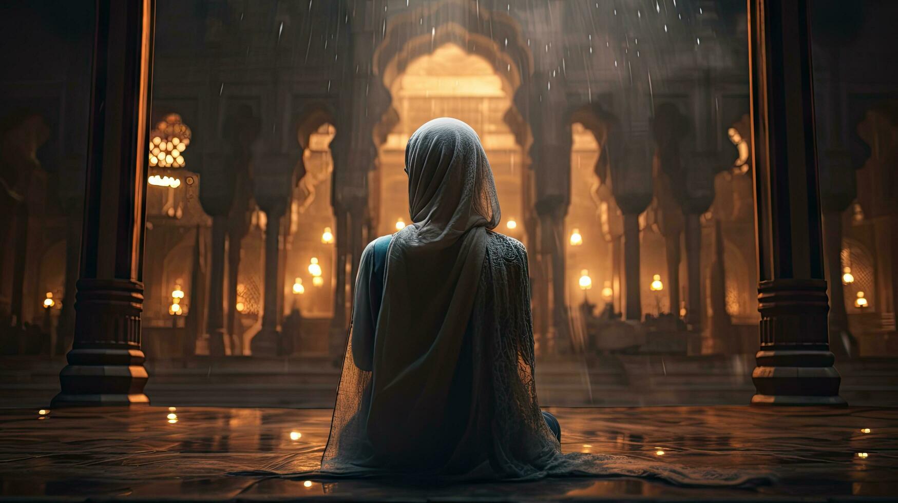 young muslim woman praying ,Young muslim woman praying in mosque photo