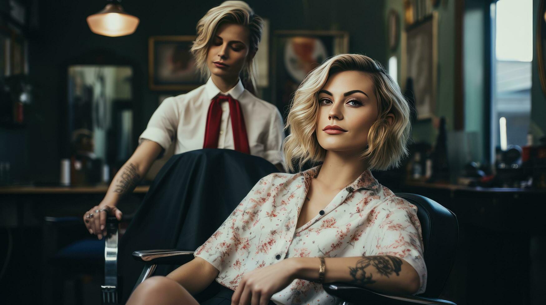 Beauty salon, female hairdresser doing hairstyle for young woman, brunette model in hair salon photo