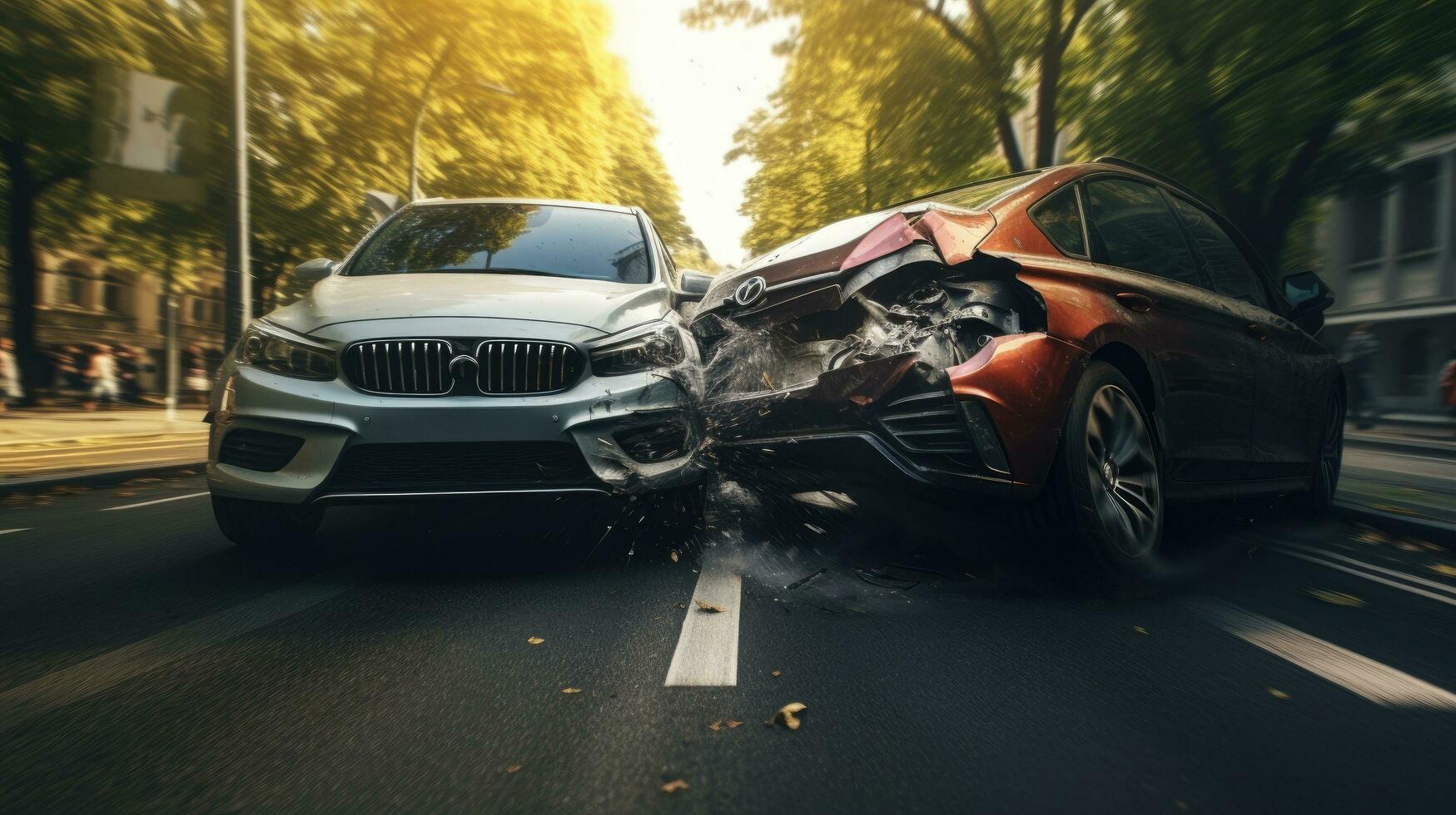 Drunk driving, car accident on the road, damaged car after the crash photo