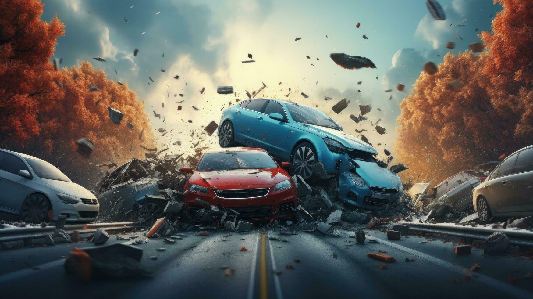 Drunk driving, car accident on the road, damaged car after the crash photo