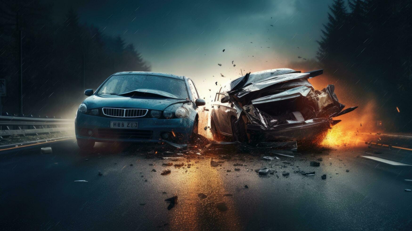 Drunk driving, car accident on the road, damaged car after the crash photo
