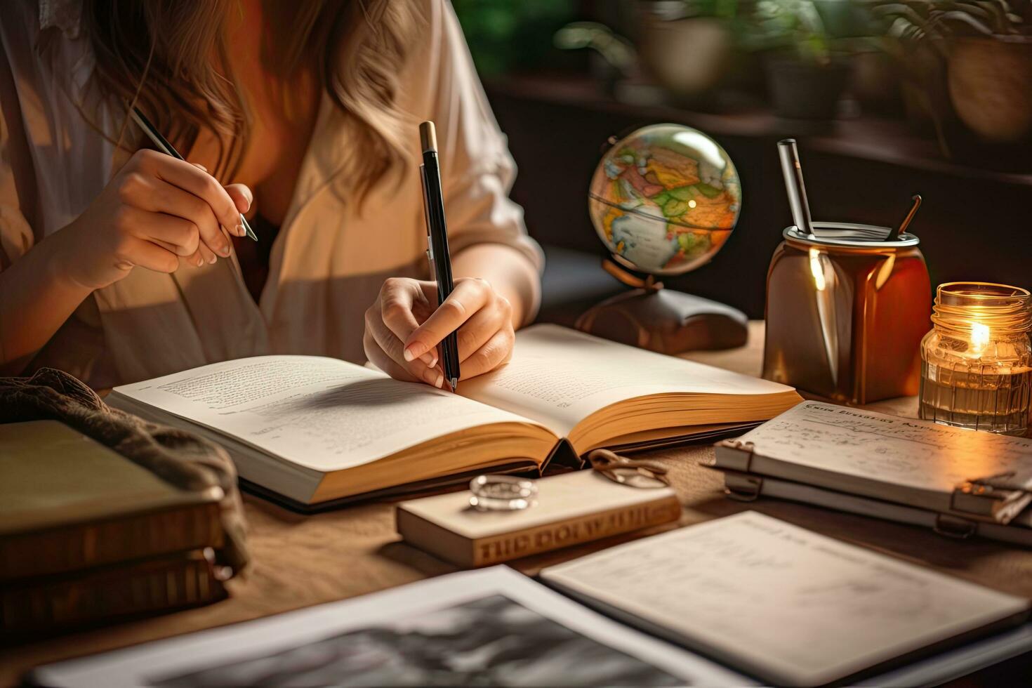 Female explorer looking at map, explorer looking at map planning a trip in the forest photo
