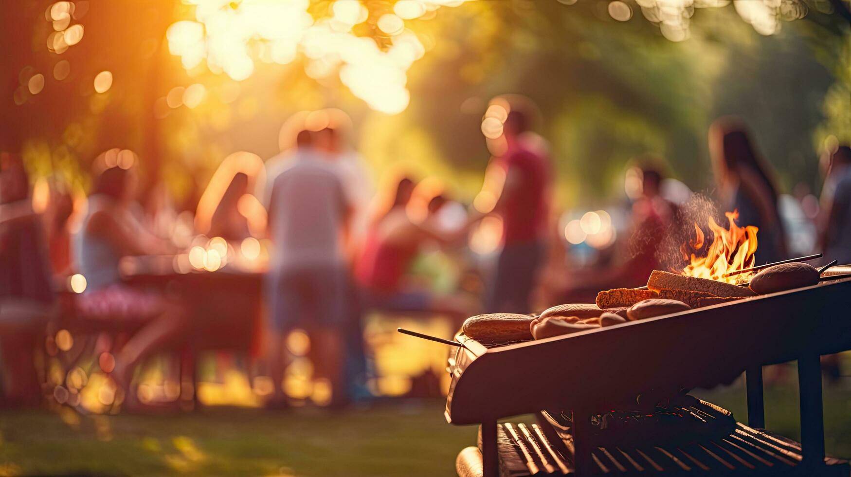 Family group partying outdoors Focus on grilling food in public gardens. space for text photo