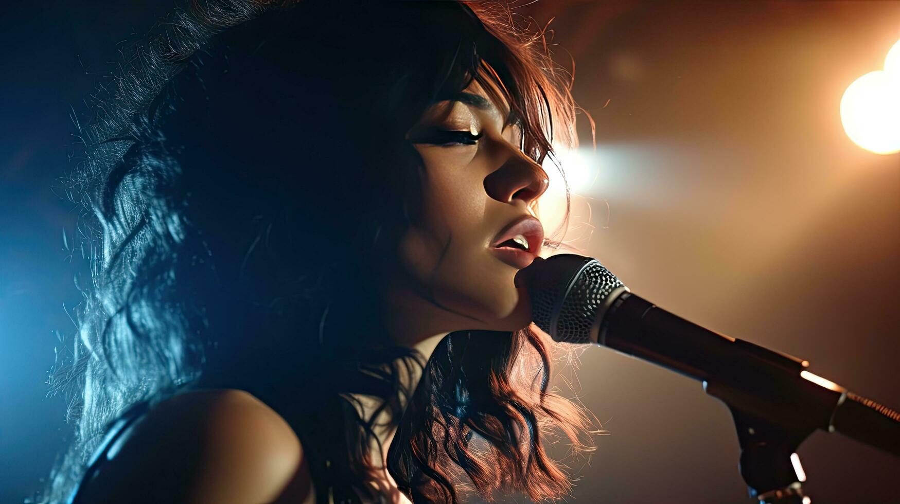 Beautiful African-American female singer with microphone on stage, lights and sound. photo