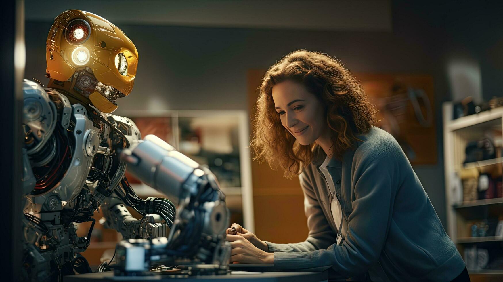 Female engineer examines robot's AI mechanism, searching for a solution. Using a laptop at an industrial technology factory photo