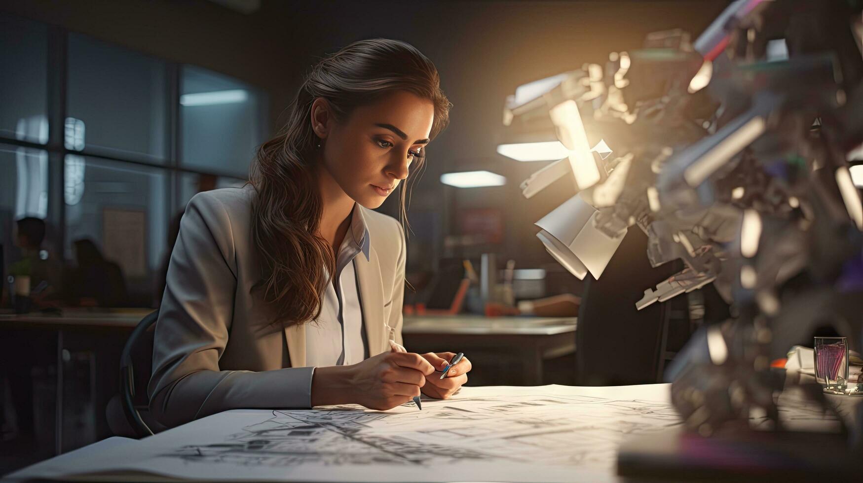 Female engineer examines robot's AI mechanism, searching for a solution. Using a laptop at an industrial technology factory photo