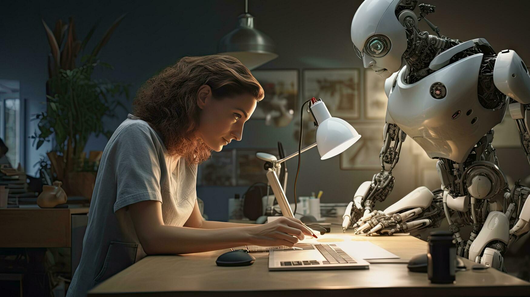Female engineer examines robot's AI mechanism, searching for a solution. Using a laptop at an industrial technology factory photo