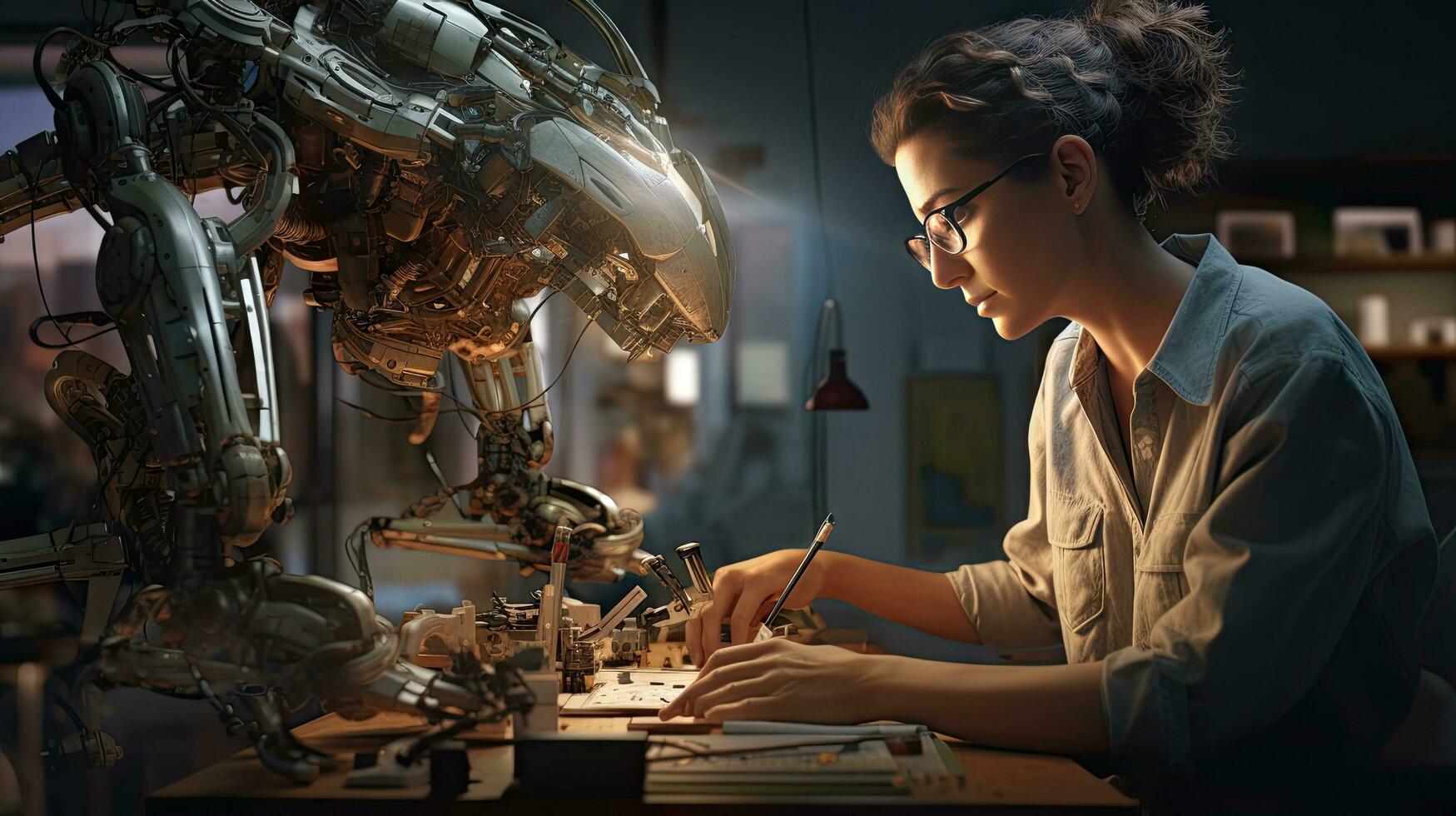 Female engineer examines robot's AI mechanism, searching for a solution. Using a laptop at an industrial technology factory photo