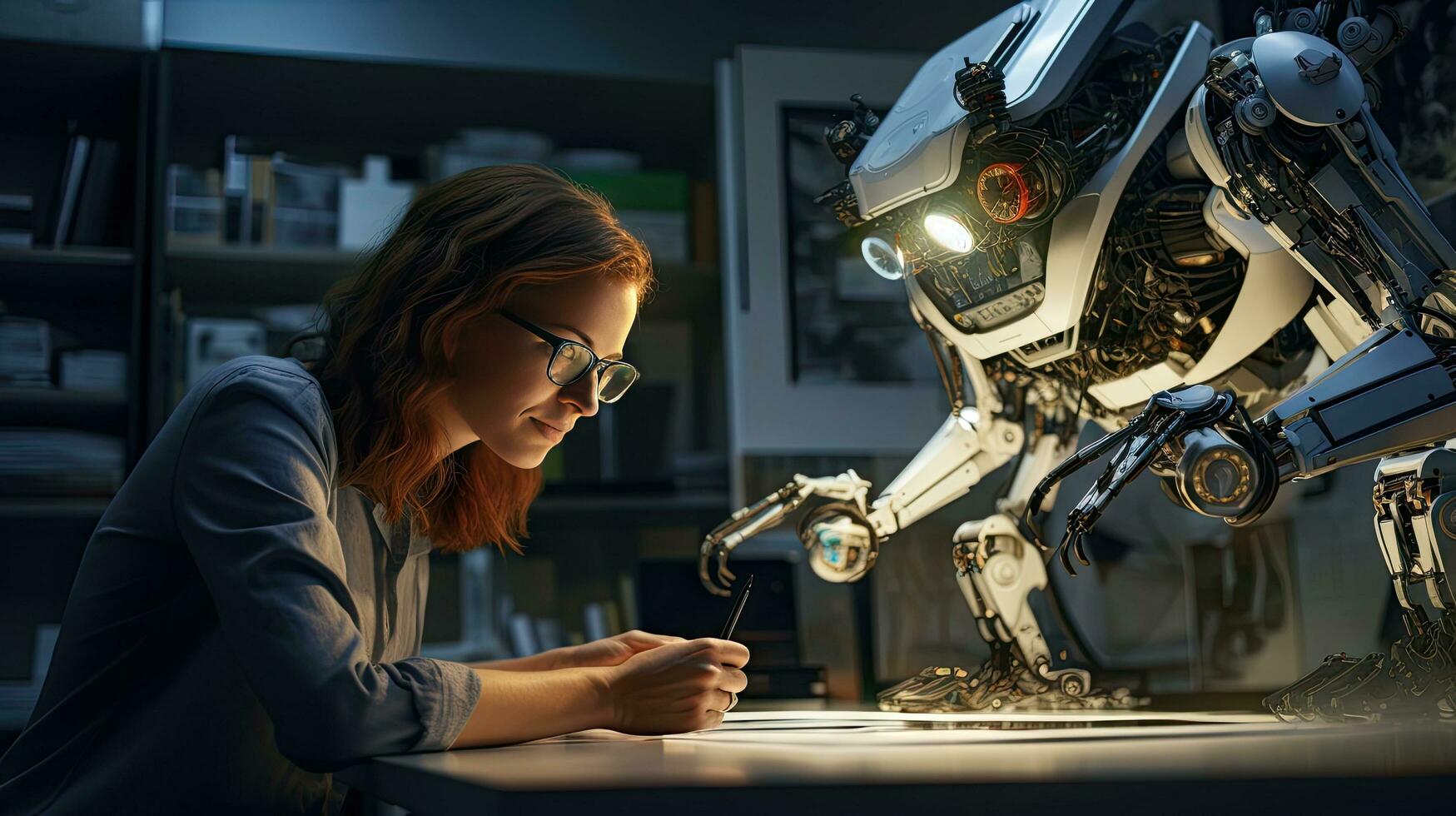 Female engineer examines robot's AI mechanism, searching for a solution. Using a laptop at an industrial technology factory photo