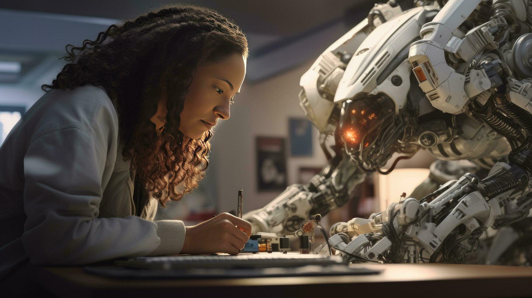 Female engineer examines robot's AI mechanism, searching for a solution. Using a laptop at an industrial technology factory photo
