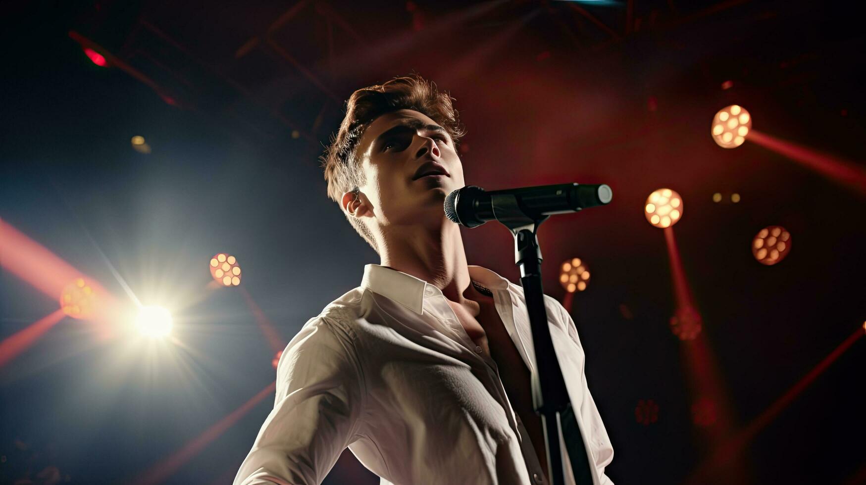 Handsome young male singer holds a microphone stand and performs on a concert stage. photo