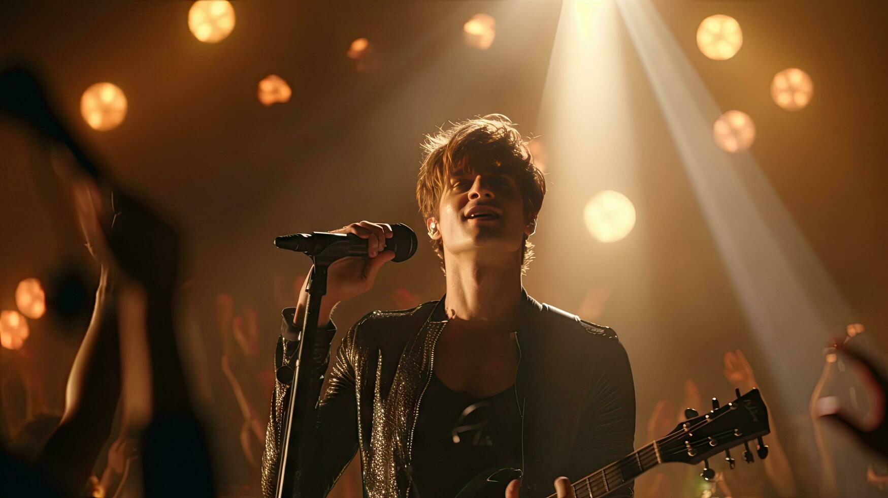 Handsome young male singer holds a microphone stand and performs on a concert stage. photo
