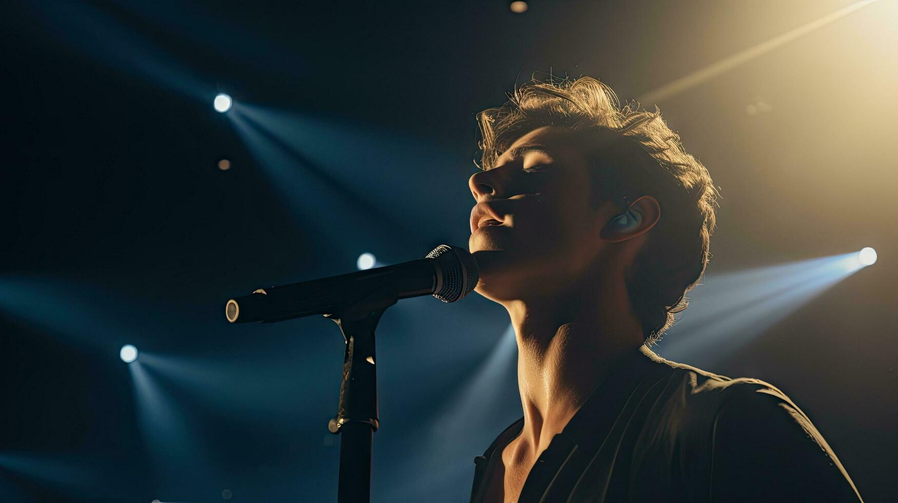 Handsome young male singer holds a microphone stand and performs on a concert stage. photo
