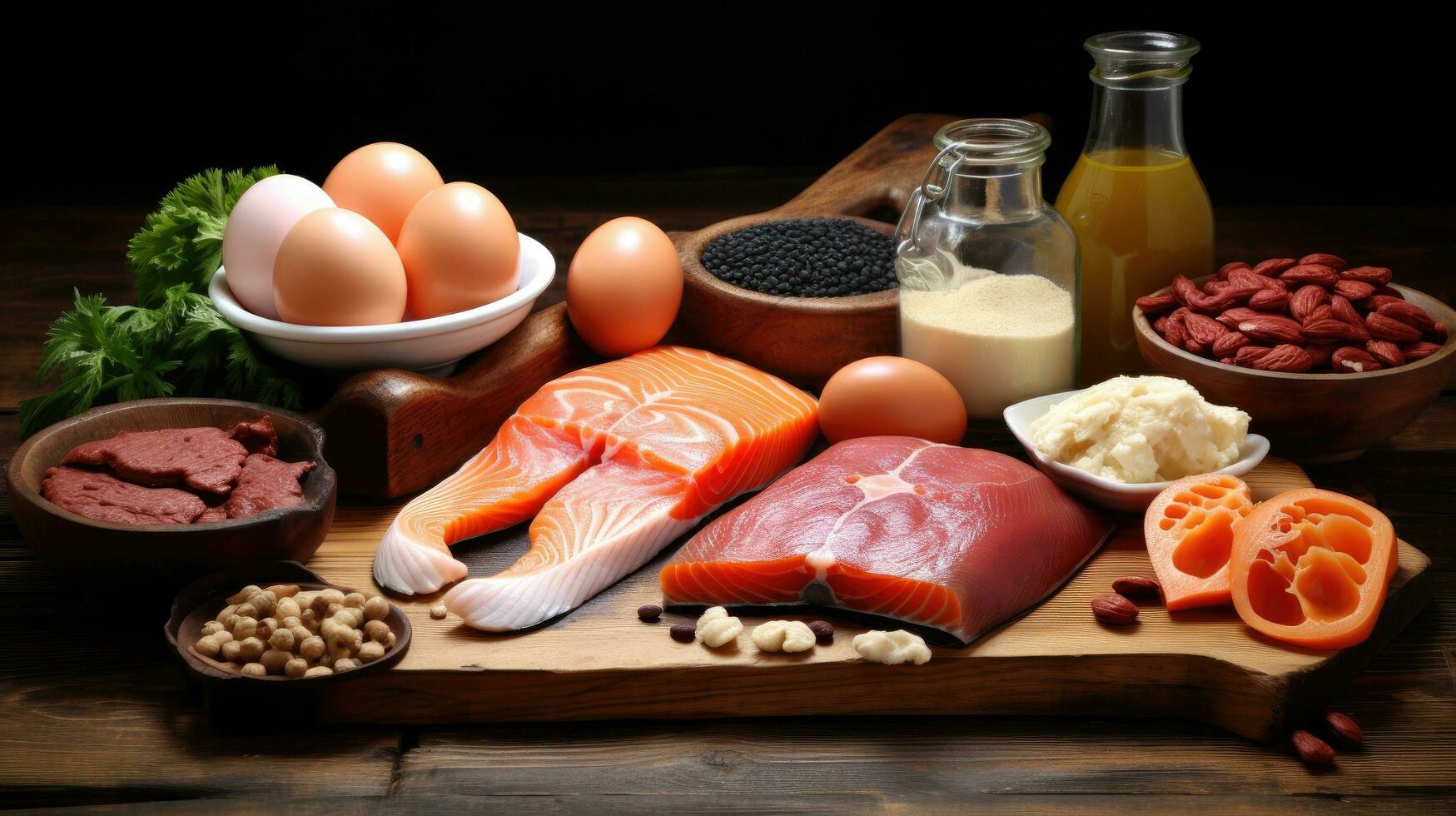 Variety of grilled and barbecued meats. Beef, steak, salmon, minced meat kebabs, eggs with herbs, spices. photo