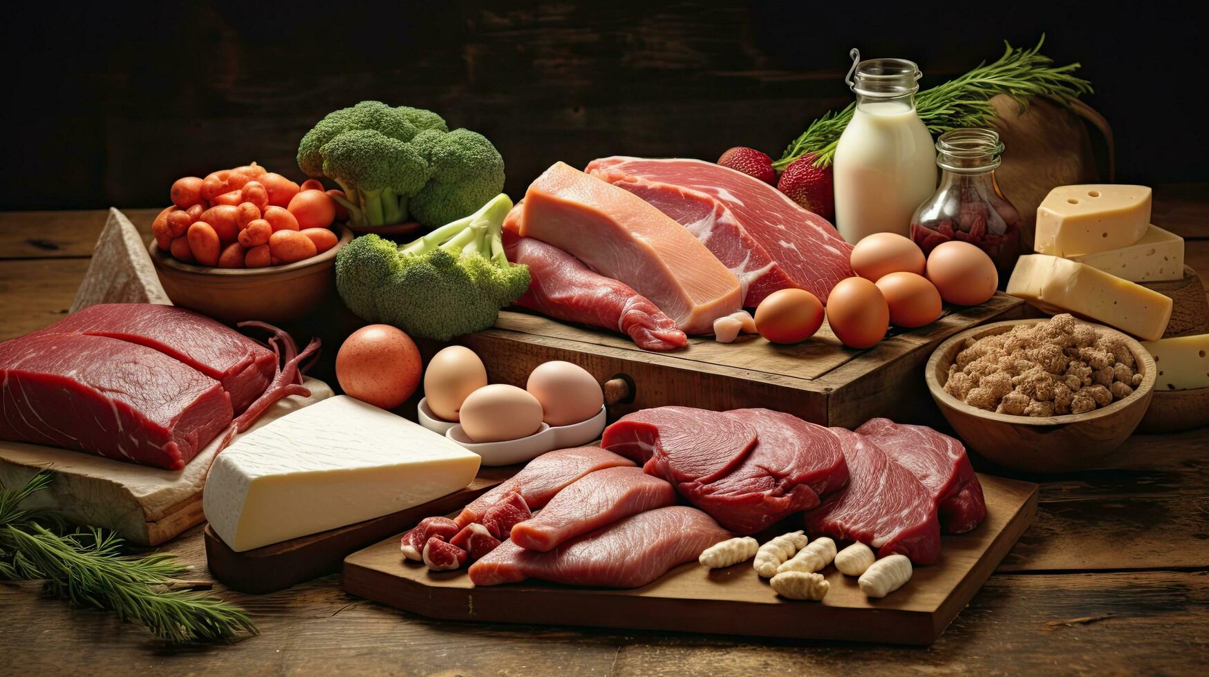 Variety of grilled and barbecued meats. Beef, steak, salmon, minced meat kebabs, eggs with herbs, spices. photo