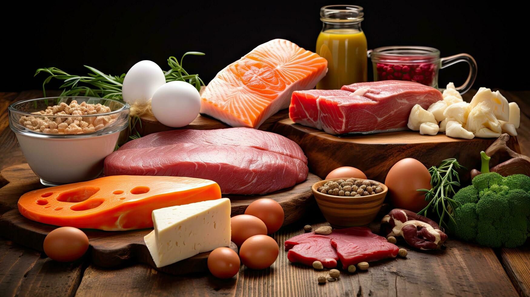 Variety of grilled and barbecued meats. Beef, steak, salmon, minced meat kebabs, eggs with herbs, spices. photo