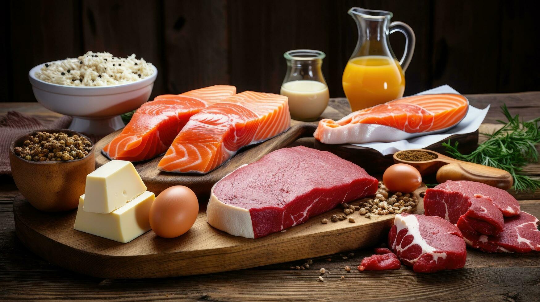 Variety of grilled and barbecued meats. Beef, steak, salmon, minced meat kebabs, eggs with herbs, spices. photo