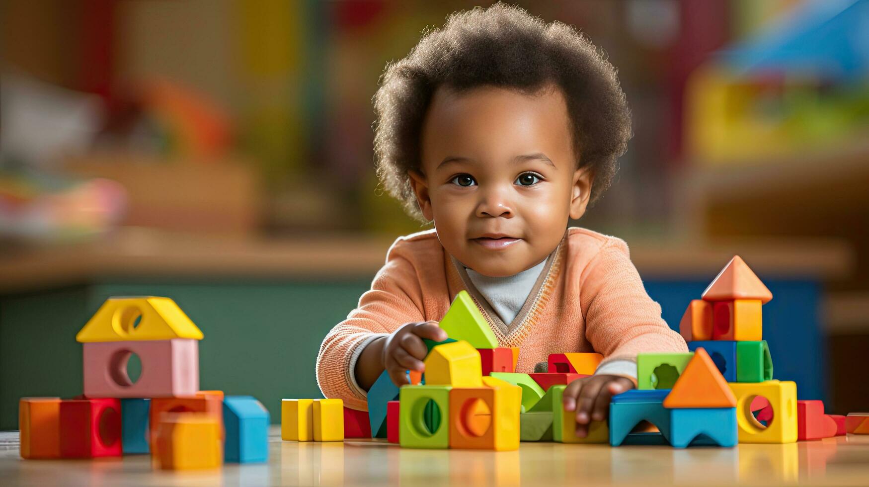 Cute little African American child learning Playing with wooden blocks in the house photo