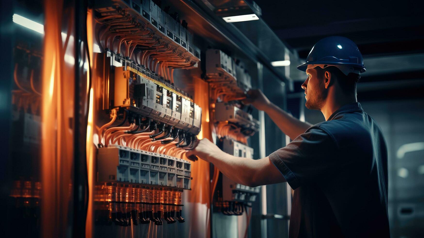 Electrician engineer with plan to check electrical supply in front of control fuse switchboard photo