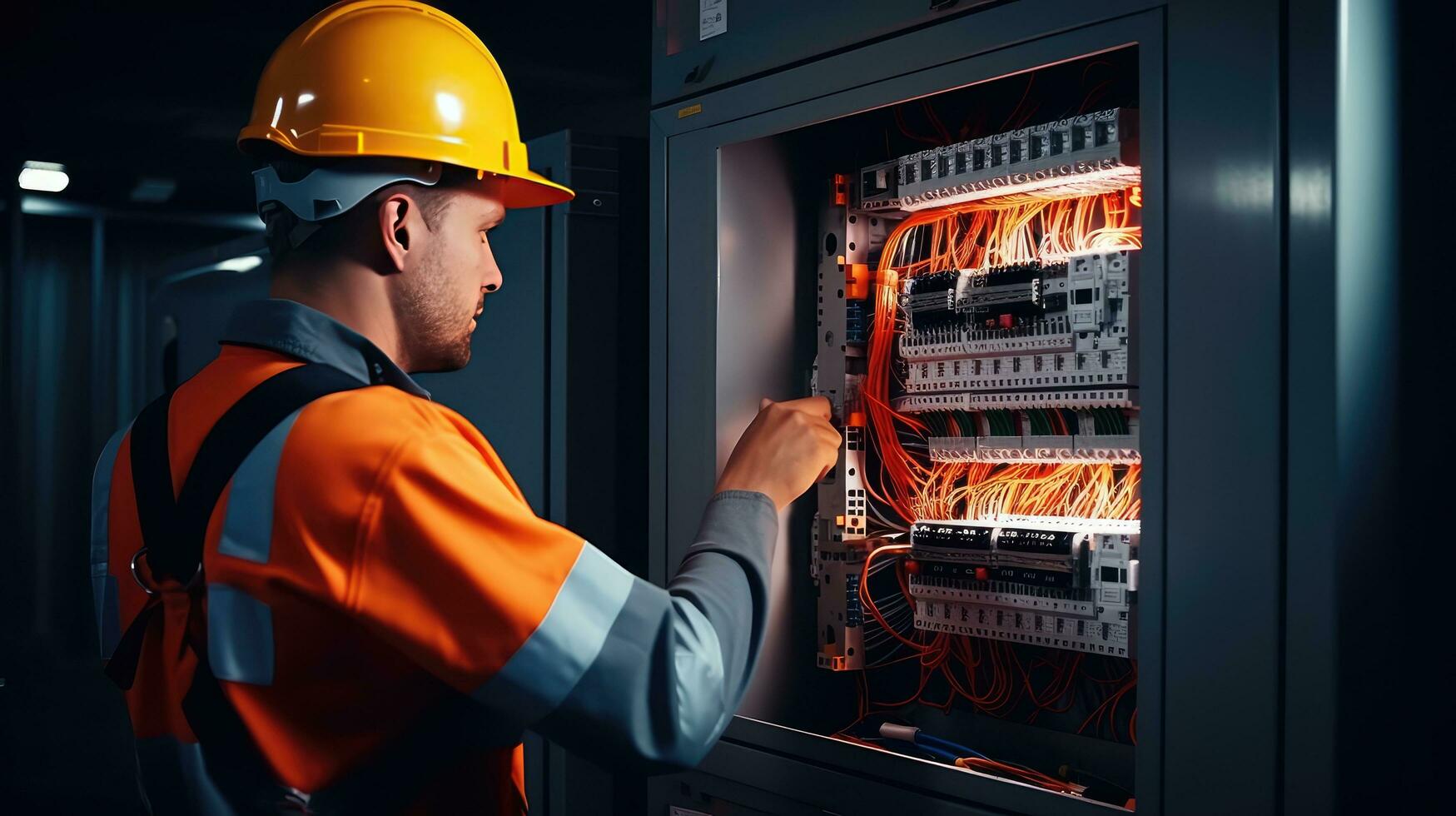 Electrician engineer with plan to check electrical supply in front of control fuse switchboard photo